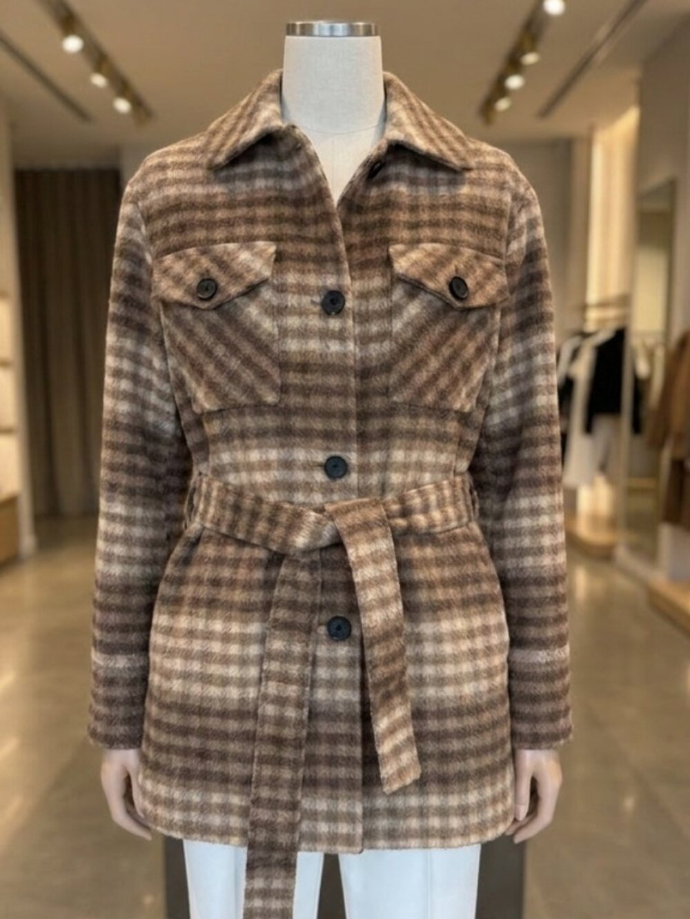 Elie Tahari Plaid Belted Shacket Wool Blend Brown Oversized Jacket